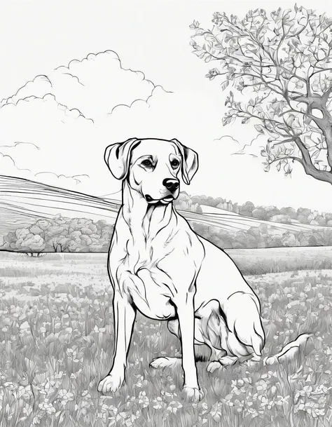 Brittany dog standing in a field by a tree, high quality, high detail, for coloring page, no shading