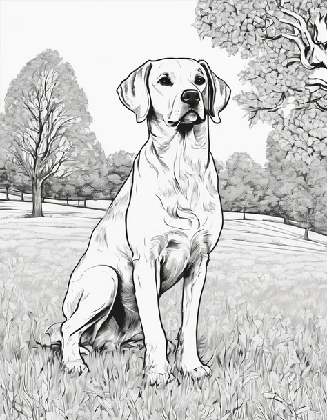 Brittany dog standing in a field by a tree, high quality, high detail, for coloring page, no shading