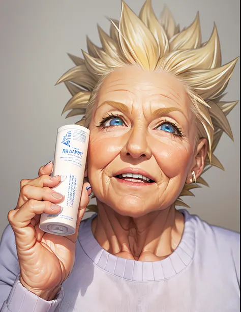 older woman holding a tube of toothpaste in front of her face, HD, (Masterpiece), (Photo:1.3),High Quality, High Resolution, Smile, Perfect Lighting, Masterpiece, beautiful, ((SuperSaiyan)), cowboy shot, ((blonde hair:1.3)), super saiyan, (spiked hair),det...