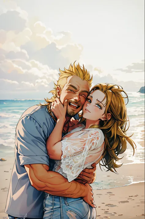 a man and woman hugging on the beach with the ocean in the background,HD, (Masterpiece), (Photo:1.3),High Quality, High Resolution, Smile, Perfect Lighting, Masterpiece, beautiful, ((SuperSaiyan)), cowboy shot, ((blonde hair:1.3)), super saiyan, (spiked ha...