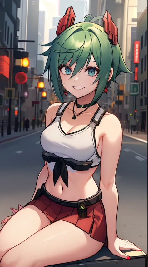 a woman with green hair and a red top is sitting on a city street with a traffic light in the background, Artgerm, anime art, cyberpunk art, photorealism, 1girl, short hair, bare_shoulders, black_choker, small breasts, mecha headgear, bridge, blue eyes, sm...