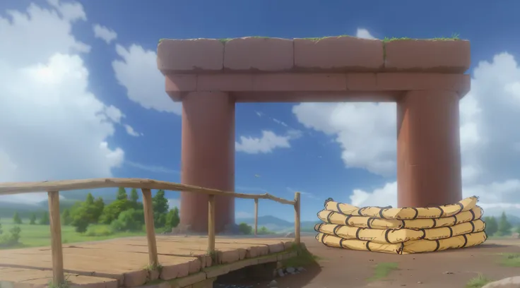 view of the large fort gate made of bricks and wooden bridge leading to the gate and sandbags stacked in front of the gate, dark cream colored sandbags, sacks
burlap, slightly rocky and grassy plains, blue sky with white clouds, random background scenery, ...