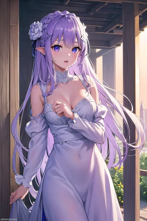 rezeroemilia, emilia, braid, crown braid, flower, hair flower, hair ornament, hair ribbon, long hair, low-tied long hair, (purple eyes:1.2), pointy ears, white flower, x hair ornament, open mouth,
BREAK White Lacey bra, blue jeans, 
BREAK outdoors, city,
B...