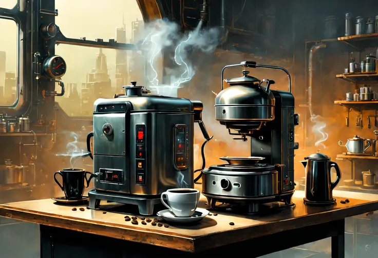 （coffee machines），（Electric kettle），（grinding machine），（rice cooker），wastelands, sci fi art, Dennis Ruston