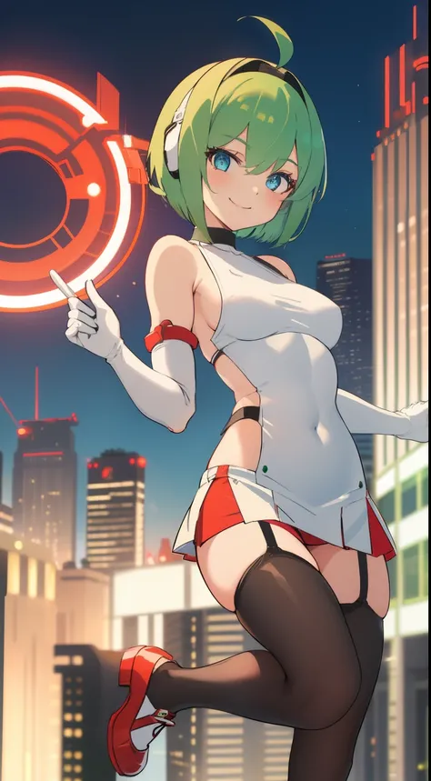 1 girl, white tank top, mecha headhear, short hair, green hair, big blue eyes, small breasts, black elbow gloves, red miniskirt, white stockings, smiling, city, red shoes, erotic pose