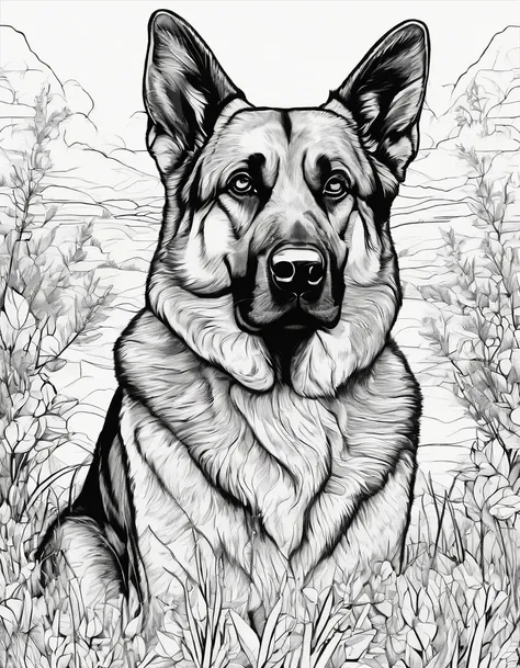 German shepherd in a field, high quality, high detail, for coloring page, no shading