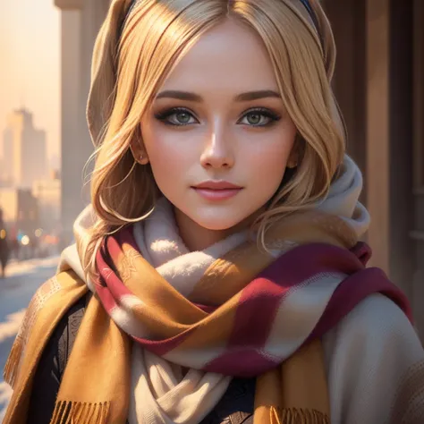 beauty in a scarf, closeup face, face illuminated by bright light, face full of confidence and concentration, The perfect female face, Деталь 8k, photo realistic style, sharp-focus, Professional lighting, colorful details, The painting is built according t...