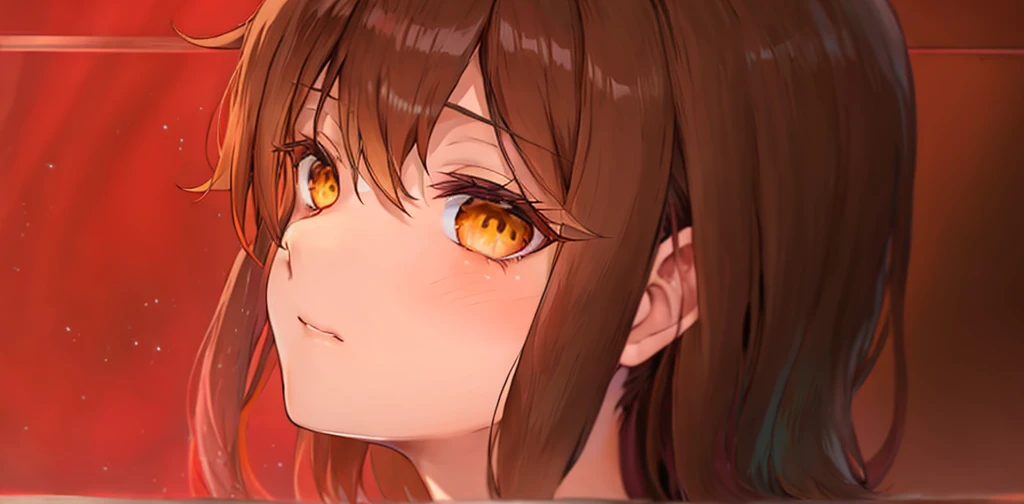 animemanga girl，Brown hair long，Yellow eyes，What to look at, Another close-up of Iwakura, Ren Iwakura, Gaimoyedre, Anime cute art style, morbid, Red eyes glow, Close-up of Ren Iwakura, kurisu Makise Steins;Gate anime, akane owari danganronpa