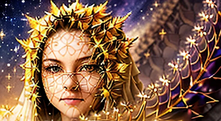 (Masterpiece, Top Quality, Best Quality, official arts, beautiful and aesthetic:1.2), (1girl), extremely detailed eyes, (s fractal art:1.3), Colorful, highest detail, (a perfect face), sparkly skin, HDR, (white cloak golden lines:1.2), galaxy, (light strea...