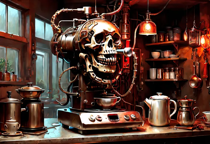 （coffee machines），（Electric kettle），（grinding machine），（rice cooker），Complicated details，skeleton head，Snake spirit，blood，Yin House，
kitchen wasteland, sci fi art, Dennis Ruston，uncanny，