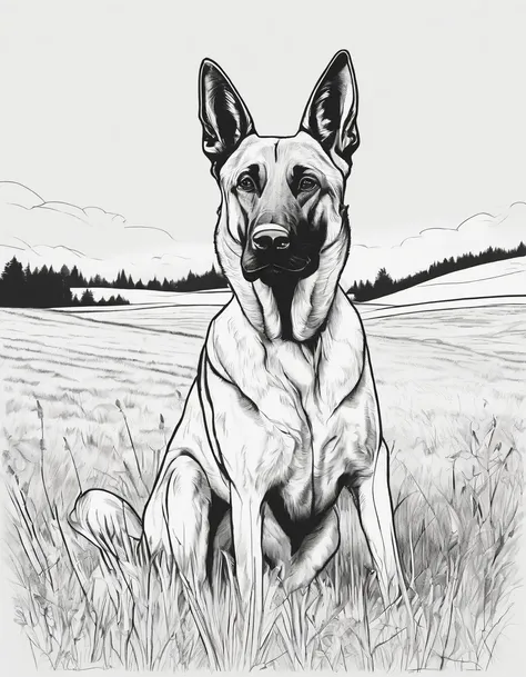 Belgian malinois in a field, high quality, high detail, for coloring page, no shading