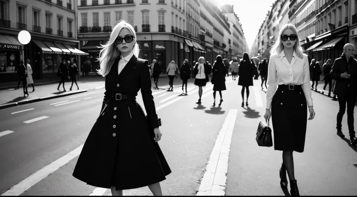 1 female focused, swedish woman model walking down a busy city street in a dress, proportion of fashion models, a black and white photo, in Paris, standing in Paris, (paparazzi), street photography style, shot on Leica summilux 35mm, (lens flare), CHANEL a...