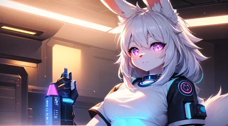 （cyber punk perssonage）Fluffy white fur bunny lady cute face fur detail element glowing t-shirt、Beautiful light and shadow、ambient lights、Ultra-fine fur、volumettic light