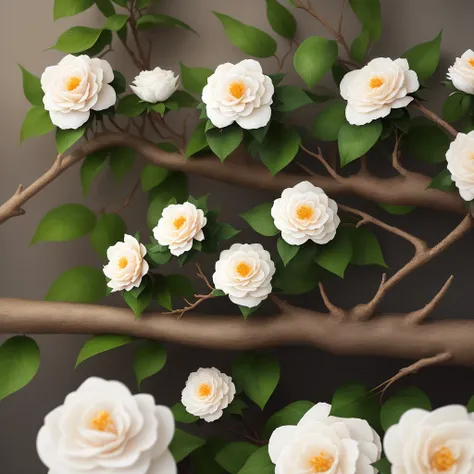 There are two white camellias on one branch，hyper-detailing，