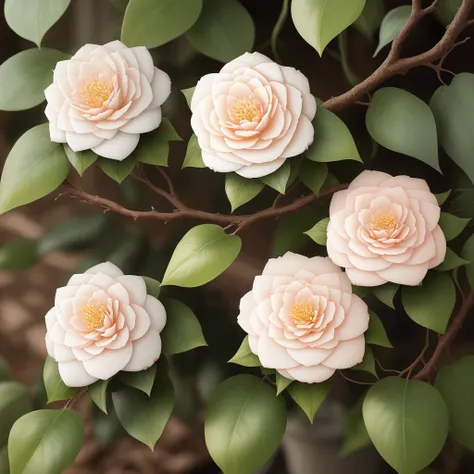 There are two white camellias on one branch，hyper-detailing，