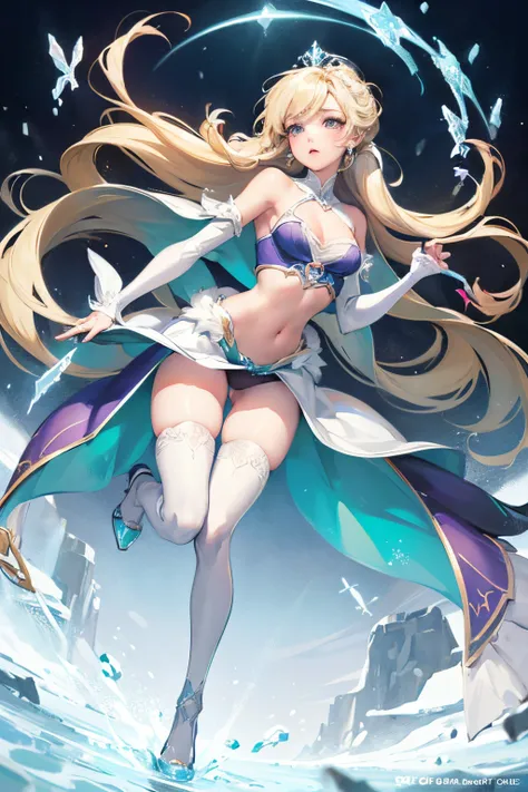 (best quality, masterpiece, colorful, dynamic angle, highest detailed) elsa (frozen), full body,  cleavage, crop top, bottomless, bare shoulders,  white thighhighs, high heels, small breasts, pussy, snow, hight(official art, extreme detailed, highest detai...