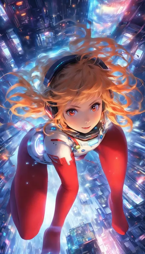 (top view), dynamic angle, ultra-detailed, illustration, close-up, straightforward, 1 girl, ((Souryuu Asuka Lanley, interface headset, red tights: 1.4, blonde)), her eyes shine like dreamy stars, (glowing eyes: 1.233), (beautiful and detailed eyes: 1.1), (...