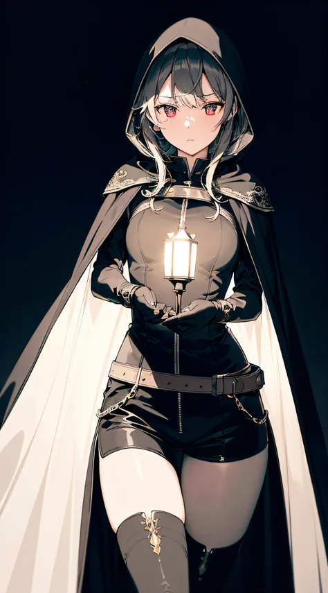 (masterpiece, best quality, ultra-detailed), high contrast, (best illumination, an extremely delicate and beautiful), ((cinematic light)), dnikke, long sleeves, hood up, black shirt, gloves, shorts, cloak, belt, tactical clothes,