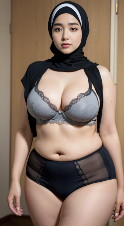 ((best quality)), (masterpiece), (perfect face), (perfect body shape), (detailed image), Chubby woman in hijab, Wearing , ultra-sensuelle underwear, curvy plump body, perfect body, room as background , sexy style