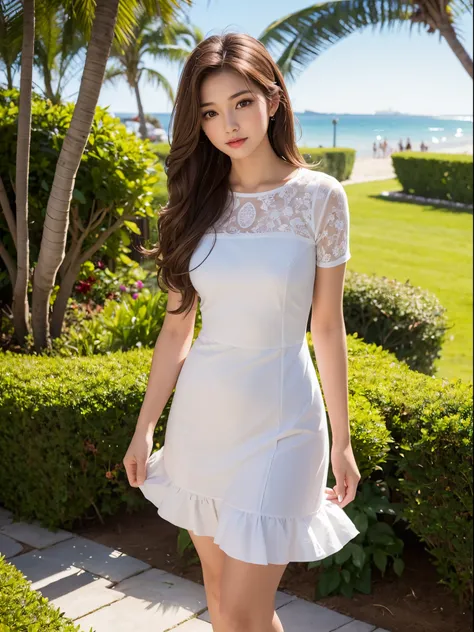 1 woman, An absolutely gorgeous woman, light brown long wavy hair, dressed in tight and short cotton dress, on a garden, at the beach, seaview