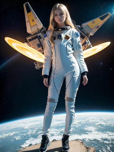 (Young Girl, 16 years old, a blond, Photorealistic, pale skin), (yellow (Eyes:1.2)), (slim build:1.3), (Fantasy spacesuit), Beautiful face, Symmetrical face, Greg Rutkowski, WLOP and Sam Kuvshinov, (Long hair), Blonde eyelashes, Large iris, Big pupils, Ful...