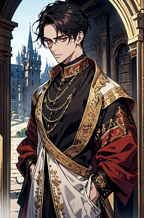 1 male, adult, beautiful, short tousled black hair, dark red eyes, tall with broad shoulders, nobility clothing, mastermind, handsome, condescending, calm, standing tall and still, in a medieval castle, close up