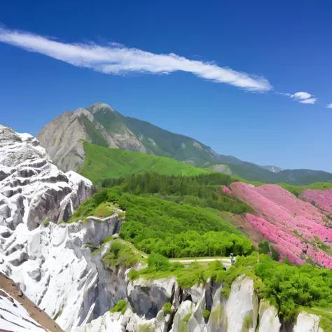 Rolling mountains，snow mountains、Dense woods，The mountains are full of flowers， beautiful mountain background, nature harmony, mountainous background, majestic nature, Scenery colorful environment, landscape - scenery, landscape scenery, Stunning natural b...