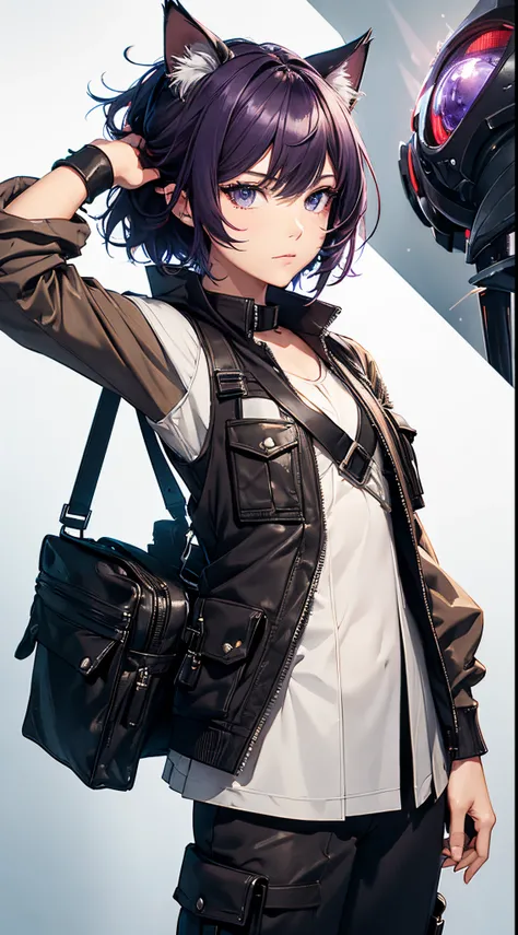 masterpiece, high quality, character concept art, close up photo, portrait, (detailed face, detailed eyes, detailed body:1.5), ARKNIGHTS, sci-fi knights, young girl, anthro, deep purple hair color, short hair, cat features, cat ears and tails, (wearing sex...