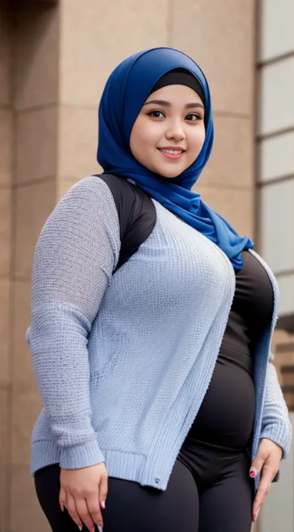 beautiful fat woman in hijab,
wearing trendy clothes, wearing tight pants, beautiful face, curvy body, sweet smile, detailed results, very good and clear quality, random background, 8k HD quality images