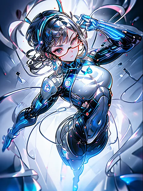 5 8K UHD、Shiny full body silver latex suit、Muscular beauty with short silver hair, fold your arms behind your head and put on your glasses, (Beauty in shiny silver latex suit with neon blue lines:1.4), glasses that hide skin、Front upper and lower body only