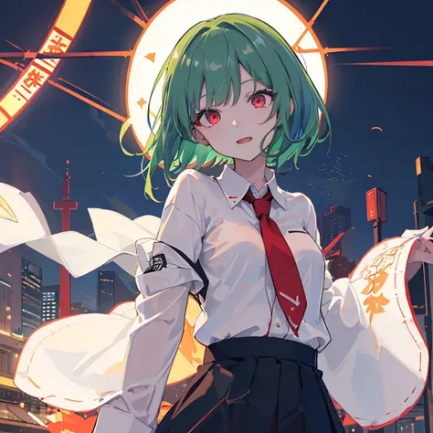 1girl in, 独奏, Lori, 小柄,(Night_skyporn), (very_Curta_Green_hair), Hairstyle Bob, (Red_Eyes), Medium_breasts, (white_Shirt:1.5), (windbreaker), (portlate), blazing_Eyes, The background is transparent, ((​masterpiece)), (Hi-Res), (best_quality), (highly_Detai...