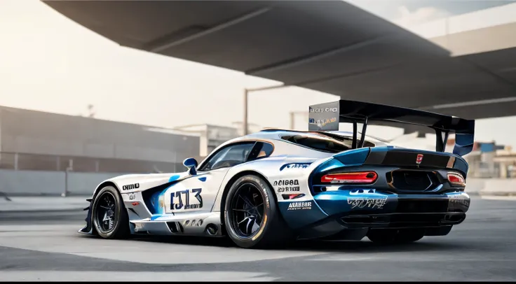 Dodge Viper SRT Custom ultra Wide Body Kit, stylish and menacing, rear wing spoiler, enhanced wide fender arches, lowered suspension, high performance wheels, white colour alloys and blue body paintwork, Forza Horizon vibes, shot outdoors, sunset backdrop,...