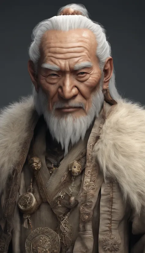 Old Man of the East，Frontal portrait of ancient Chinese figures（Portrait of the Master 1.0），Look ahead（Lens perspective），Immortal Wind Road Bone，White haired man，hair-bun，no headwear。ginger clothes。Gentle background。hyper HD, retinas, tmasterpiece, Acura, ...