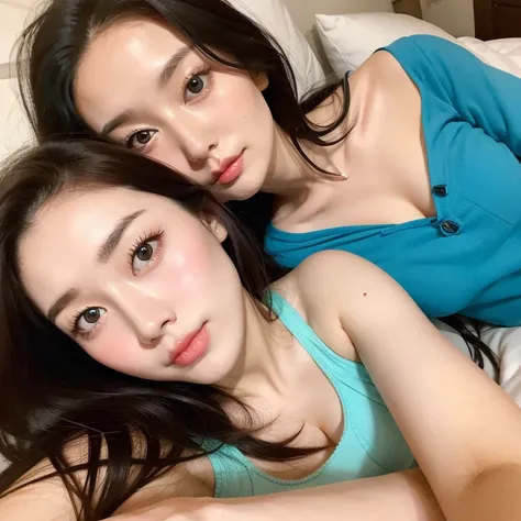 She has the same face as the woman I created last time., no panty, Long hair,４k, Raw photo,(Lying in bed。)(A charming expression)(selfee), 1 female college student, pale-skinned, Medium chest、Notice the vibrant colors and details。