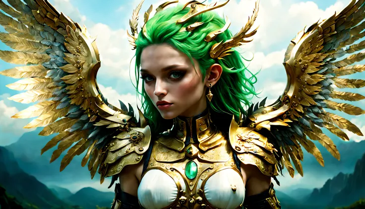 (wide angle),(Aetherpunk style:1.4),8k , ultra quality ,nature,pagan imagery,intricate detailed, beautiful valkyrie ,gold detailed holy gorgeous armor,intricate detailed wide angelic wings on her back,spreading angelic wings wide,utopia,magic,detailed,mage...