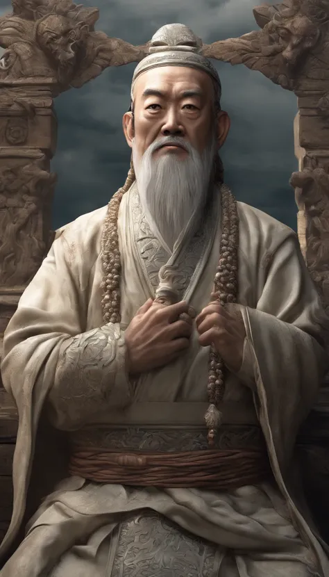 Old Man of the East，Frontal portrait of ancient Chinese figures（Portrait of Confucius 1.0），Visually inspect the audience（Lens perspective），Immortal Wind Road Bone，White haired man，hair-bun，no headwear。ginger clothes。Gentle background。hyper HD, retinas, tma...