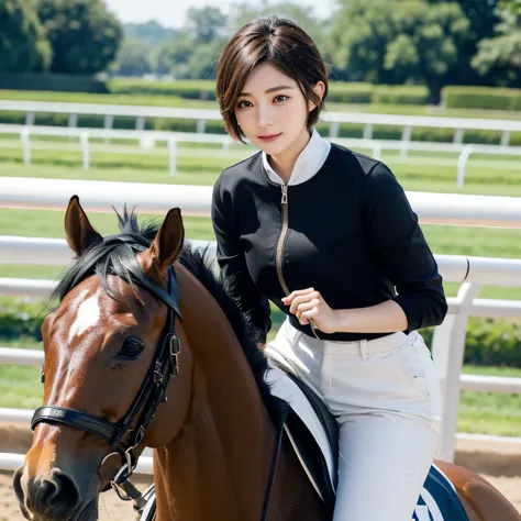 girl with、short-hair、horse racing、frontage