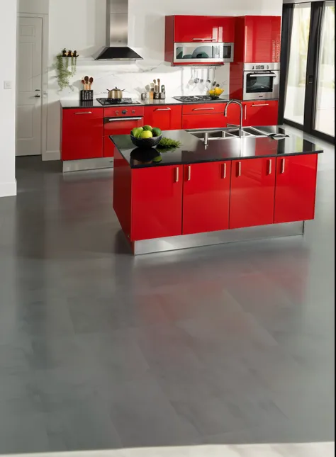 there is a red kitchen with a black countertop and a sink, alto brilho, visual moderno, vermelho vibrante, hero shot, retro styl...