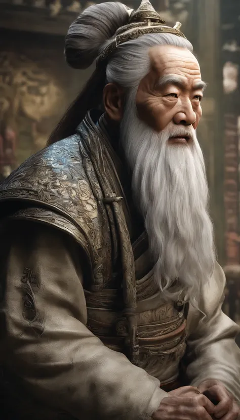 Old Man of the East，Frontal portrait of ancient Chinese figures（Portrait of Confucius 1.0），Visual inspection of the audience（Lens perspective），Immortal Wind Road Bone，White haired man，hair-bun，no headwear。ginger clothes。solid color backdrop（Paper 1.5）。hype...