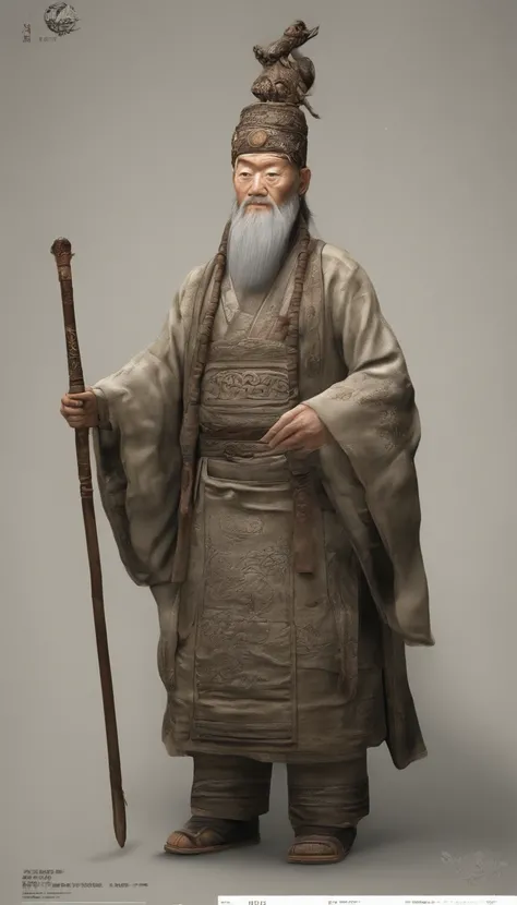 Old Man of the East，Frontal portrait of ancient Chinese figures（Portrait of Confucius 1.0），Visual inspection of the audience（Lens perspective），Immortal Wind Road Bone，White haired man，hair-bun，no headwear。ginger clothes。solid color backdrop（Paper 1.5）。hype...