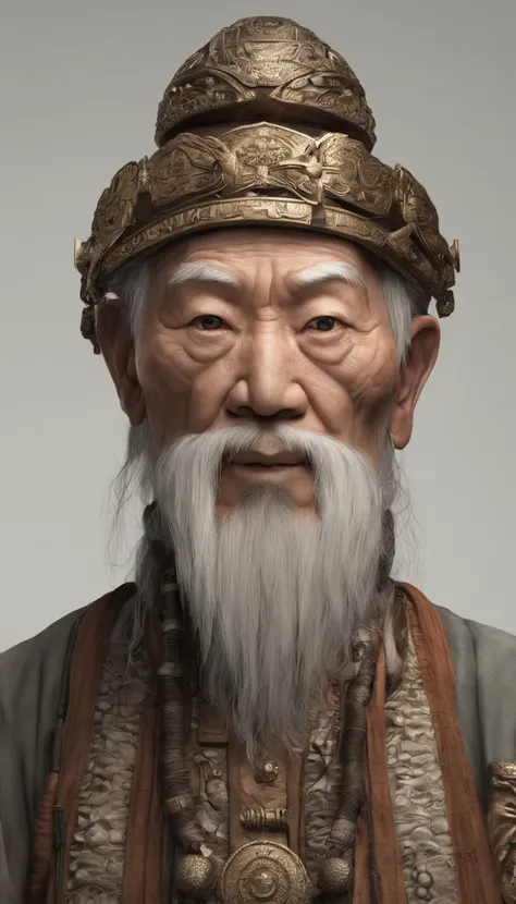 Old Man of the East，Frontal portrait of ancient Chinese figures（Bust portrait 1.0），Audience visual inspection（Lens perspective），Immortal Wind Road Bone，White haired man，hair-bun，no headwear。ginger clothes。solid color backdrop（Paper 1.5）。hyper HD, retinas, ...