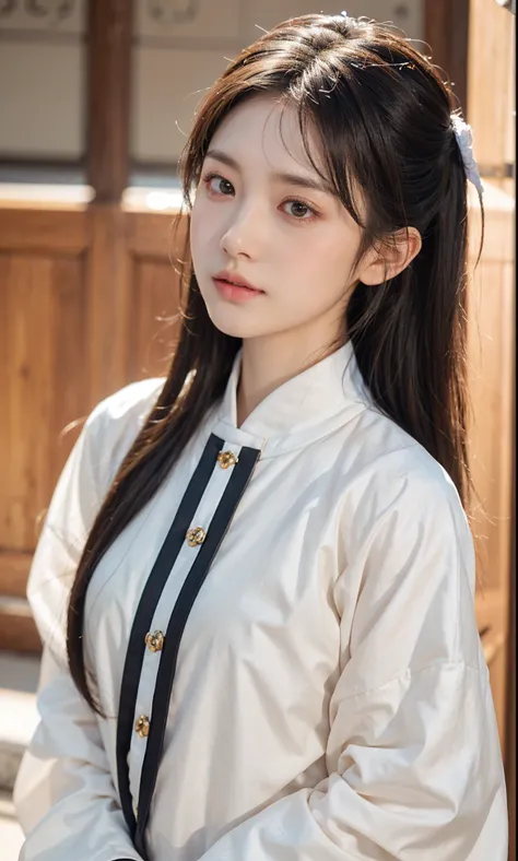 (8K, RAW photogr, realistically:1.25) ,( shiny lip, eyeslashes, gloss face, Hanfu，Skin glows, Best quality, 超高分辨率, depth of fields, color difference, Caustics, Wide light, naturalshadow, K-pop idol) Look at the audience’s calmness and goddess-like happines...