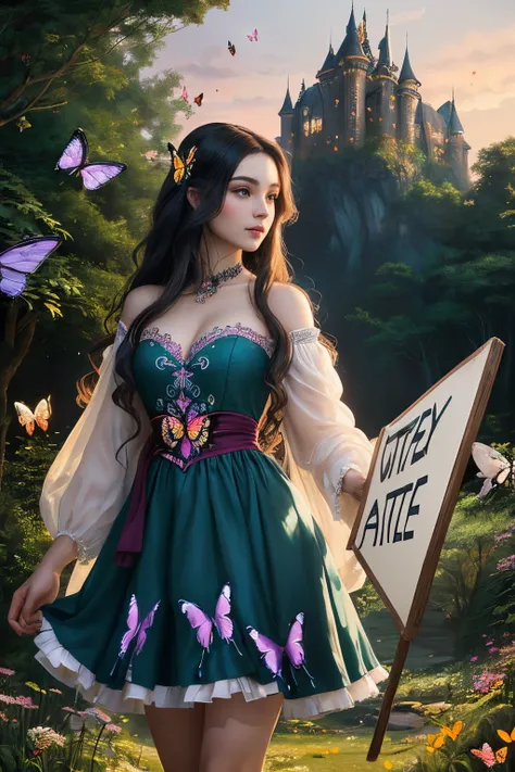 A (((beautiful woman))) with flowing hair featuring a (((butterfly))), its transparent wings softly fluttering behind her, standing confidently as she holds a (((lettered sign)))"DONI" against a (fairytale backdrop of a twilight forest) with a majestic cas...