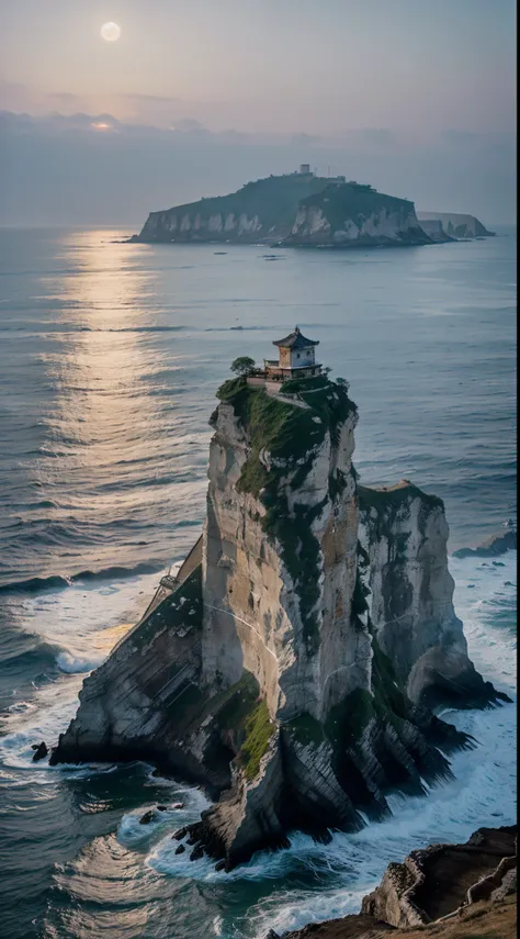 Coastal cliffs in South Korea, A hanok built on a cliff, In the sea below the cliffs, the waves crash against the cliffs, Nightscape, moonlit glow, meteor shower, haze, Dreamy feeling