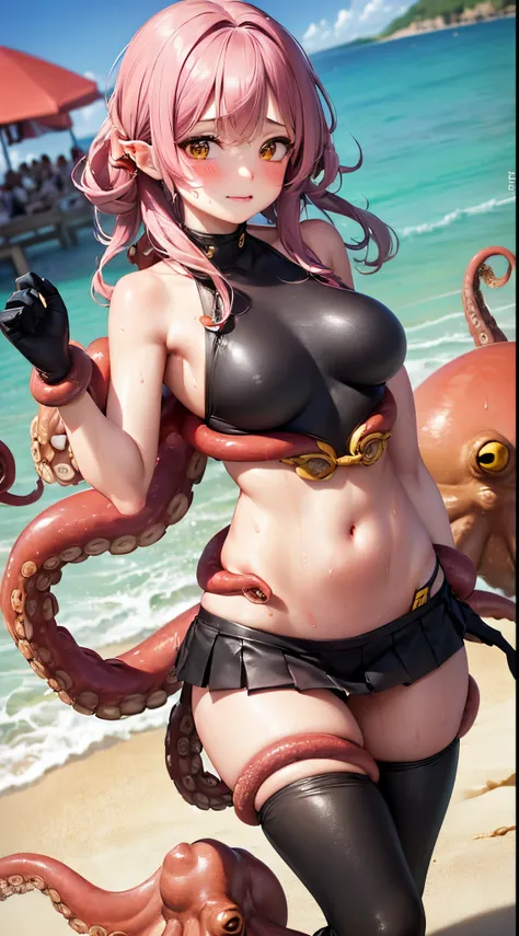 One lady,20yr old,((Good Style) ,(((blushed face))), ((Octopus tentacles)), (((Little octopus)))((Im opening my mouth)),((a miniskirt, body suit))(Happy Ahe Face),Wet with sweat,(A dark-haired,),((sand beach,,))(())