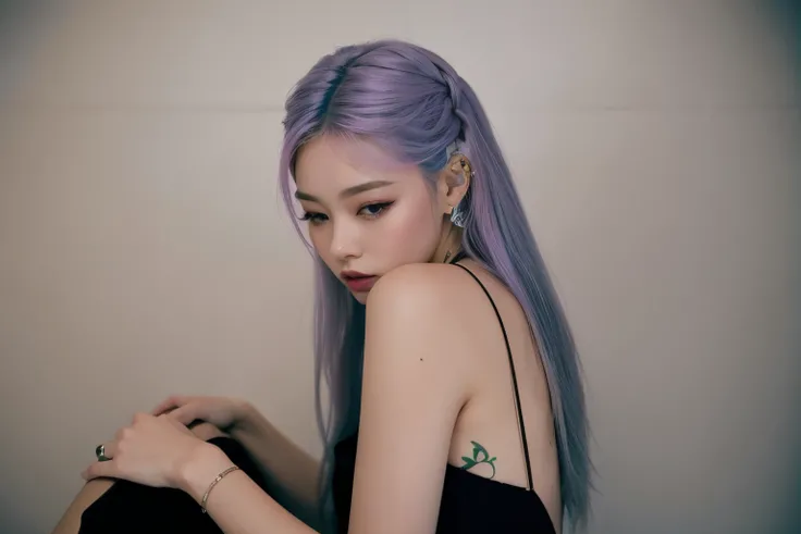 mulher arafada com cabelo roxo e tatuagens sentada em uma cama, cabelo de lavanda, lilac hair, Cabelos Coloridos, cabelo violeta, cabelo longo violeta, Parque Roseanne do Blackpink, Hair Coloring, cabelo longo roxo, cabelo roxo, cabelos tingidos, longos ca...