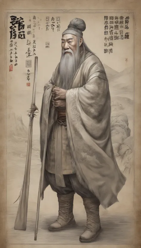 Old Man of the East，Frontal portrait of ancient Chinese figures（Portrait of Confucius 1.0），Audience visual inspection（Lens perspective），Immortal Wind Road Bone，White haired man，hair-bun，no headwear。ginger clothes。Light yellow background（Drawing paper textu...