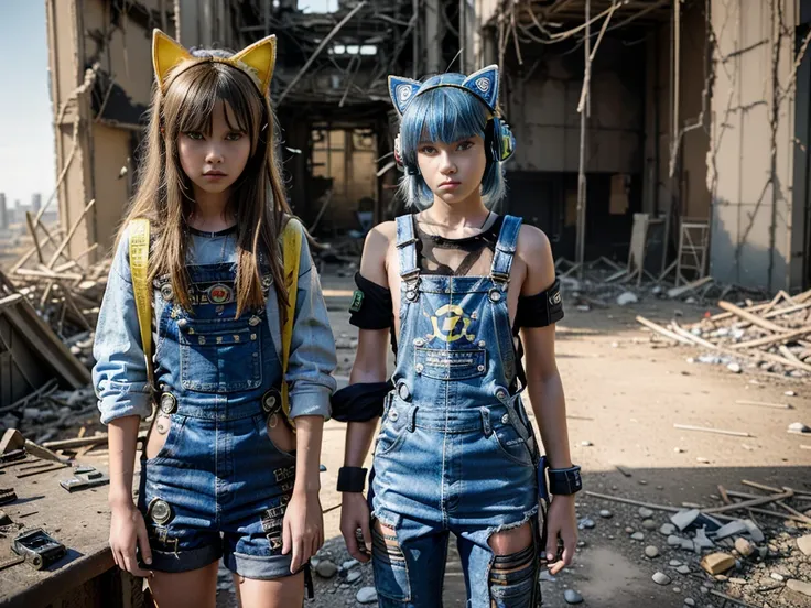 two 13 year old girls, dressed in cyberpunk overalls, one piece suits, light blue and yellow, with patches with radioactive emblems, in a apocalyptic ruin with guns next to them, cyberpunk helmets next to them, wearing Cat ears