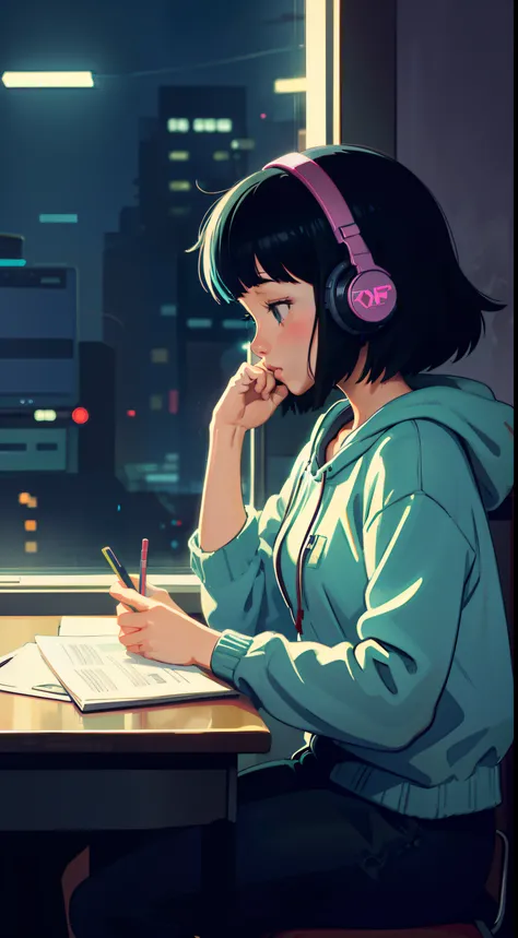 (lofi), girl studying hard at desk,profile, put on the headphones, night light, neon landscape of rainy day from window,analog c...