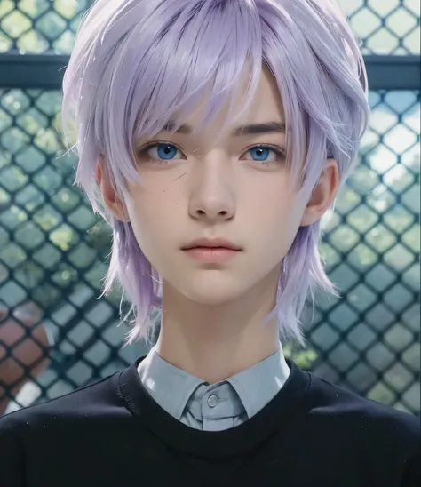 A teenage boy with realistic faded purple hair, (same realistic hairstyle), realistic handsome face, realistic cool expression, realistic serious eyes, adapts equally realistic clothes,realistic light, realistic shadows, realistic background, good image qu...